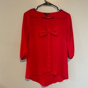Classic Red Bow Sheer 3/4 Sleeve High Low Blouse